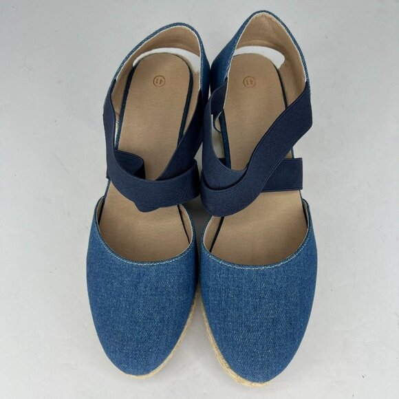 Womens Blue Beige Comfort Shoes Slip On Wedge Heel Espadrilles EU Size 41 - Picture 4 of 9